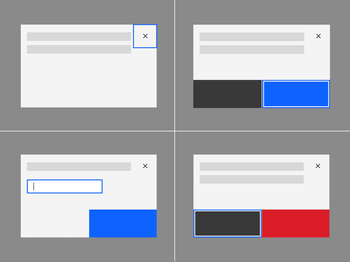 initial focus in the dialog varies across four types of modals